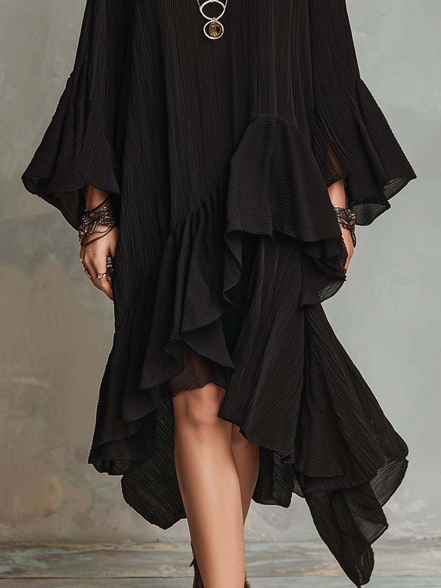 Noir | Asymmetric Ruffle Boho Midi Dress