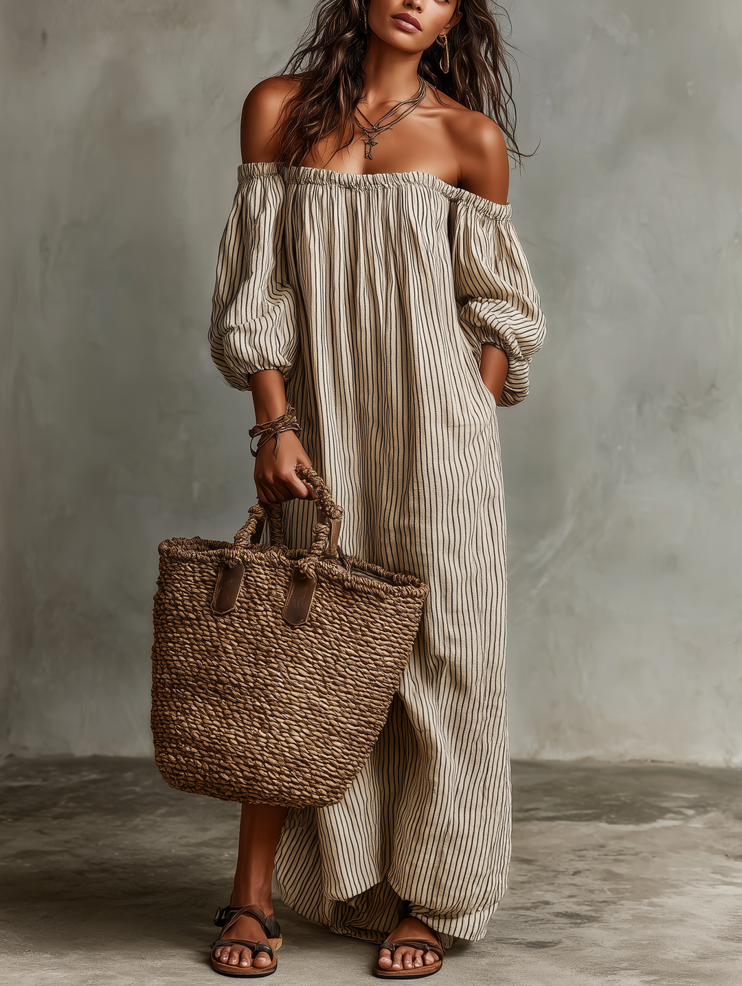 Carmen | Cotton-Linen Maxi Dress with Off-the-Shoulder Design