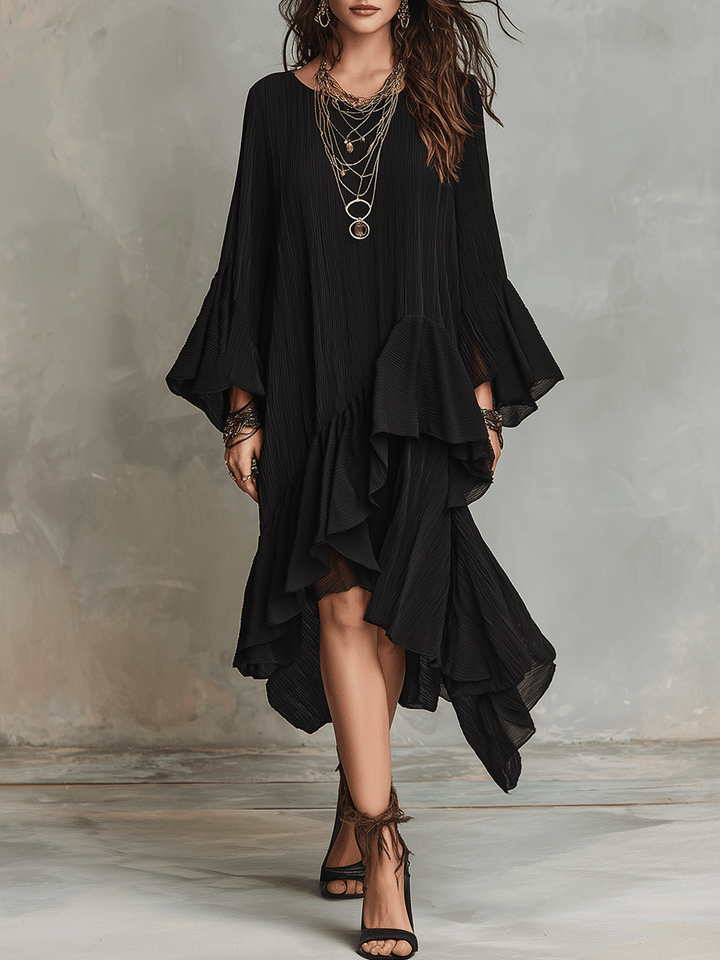 Noir | Asymmetric Ruffle Boho Midi Dress