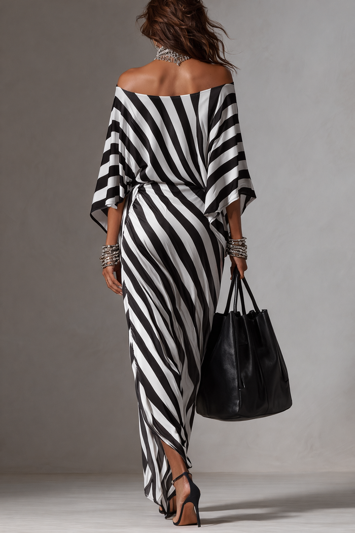 Monroe | Monochrome Stripe Asymmetric Maxi Dress