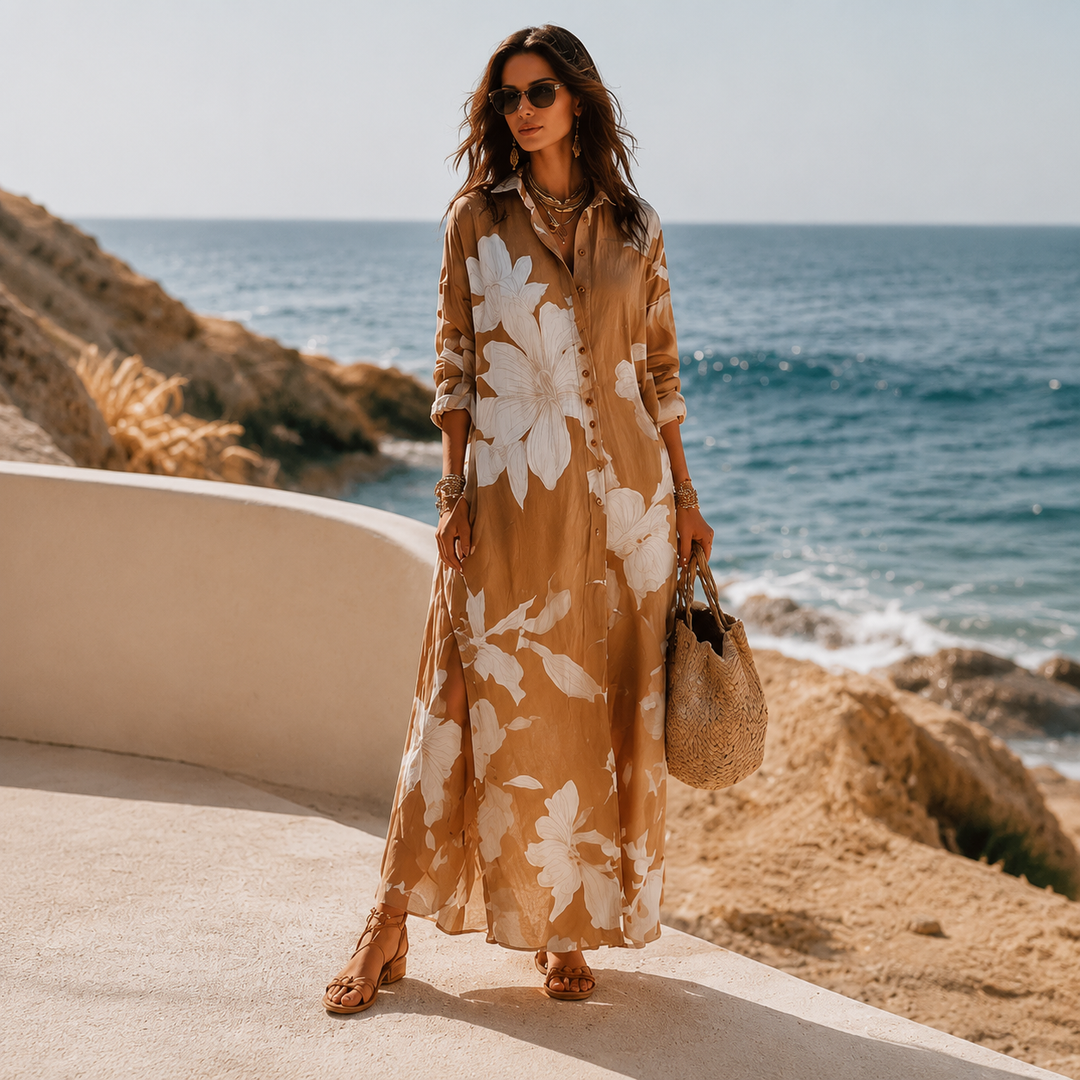 Cacao | Floral Print Boho Maxi Shirt Dress