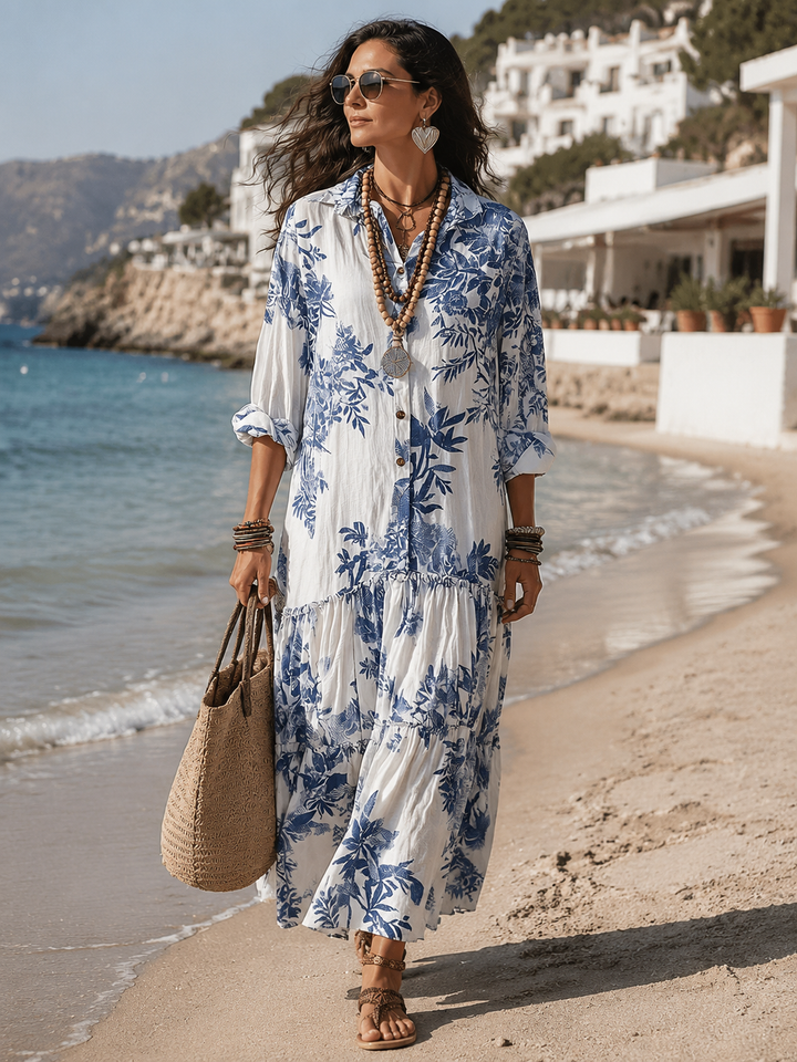 Bleuet | Blue Floral Button-Down Boho Maxi Dress