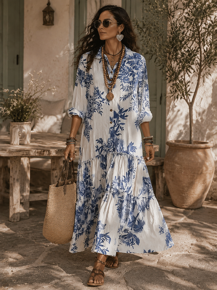 Bleuet | Blue Floral Button-Down Boho Maxi Dress