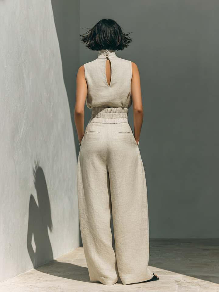 Maria™ | Linen Two-Piece Set with High-Neck Top and Wide-Leg Trousers