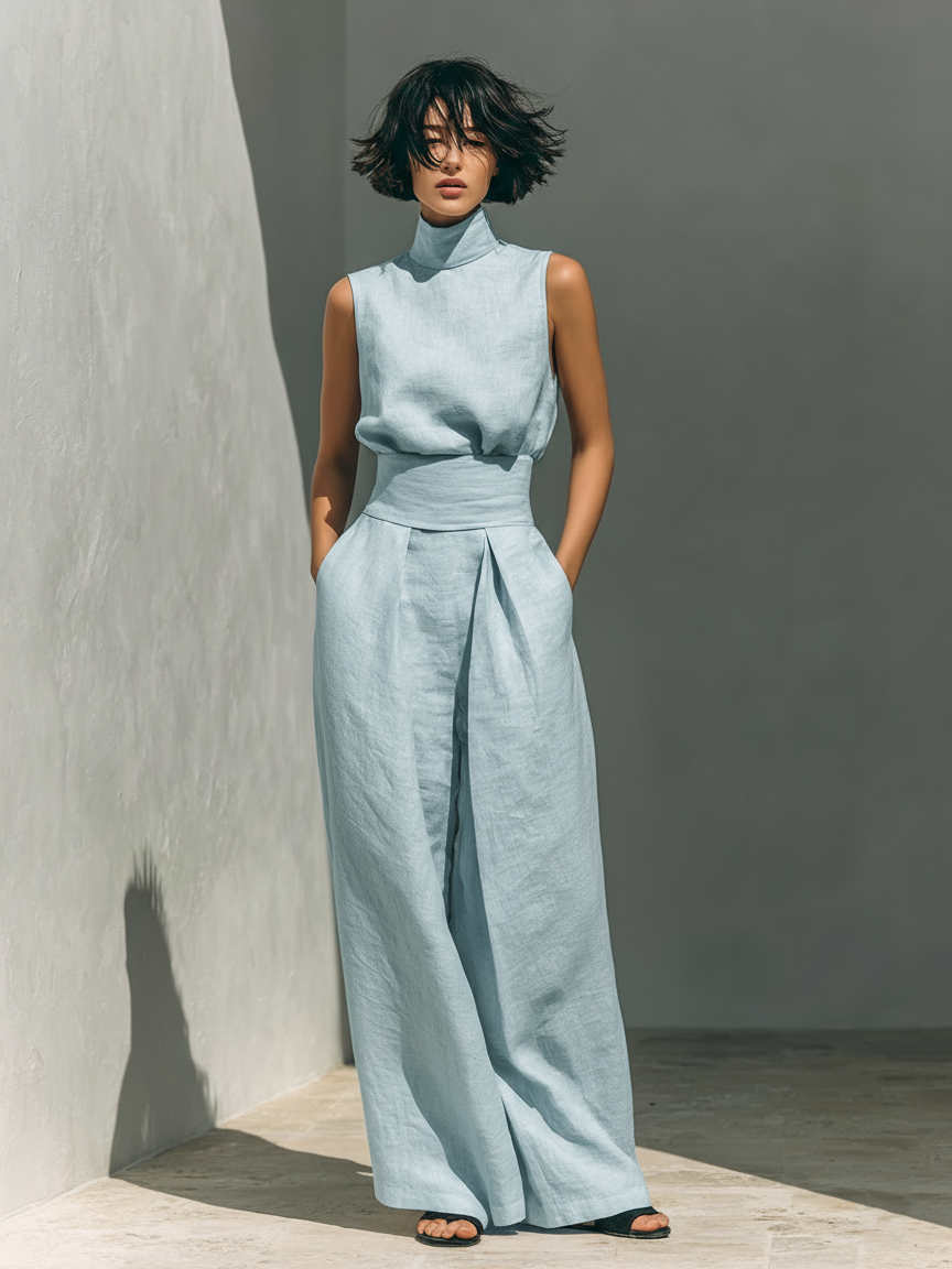 Maria™ | Linen Two-Piece Set with High-Neck Top and Wide-Leg Trousers