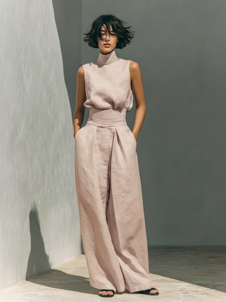 Maria™ | Linen Two-Piece Set with High-Neck Top and Wide-Leg Trousers