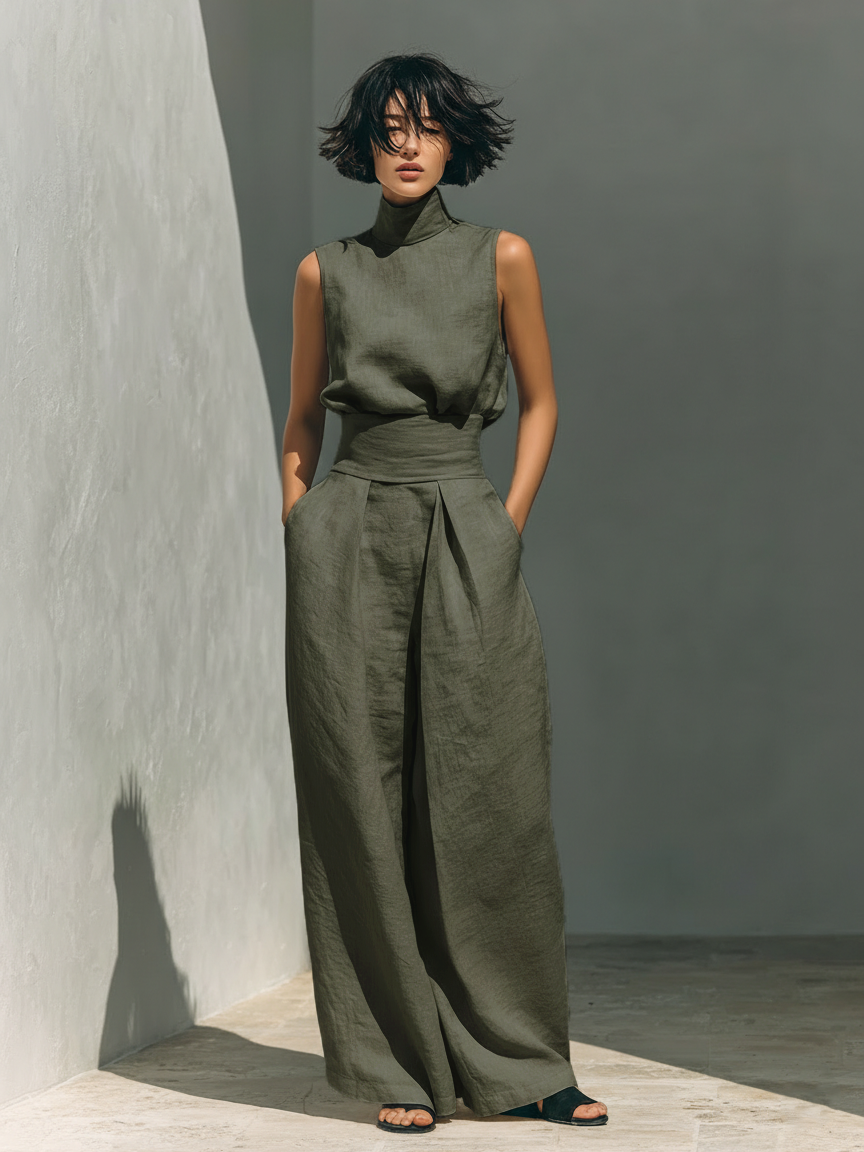 Maria™ | Linen Two-Piece Set with High-Neck Top and Wide-Leg Trousers