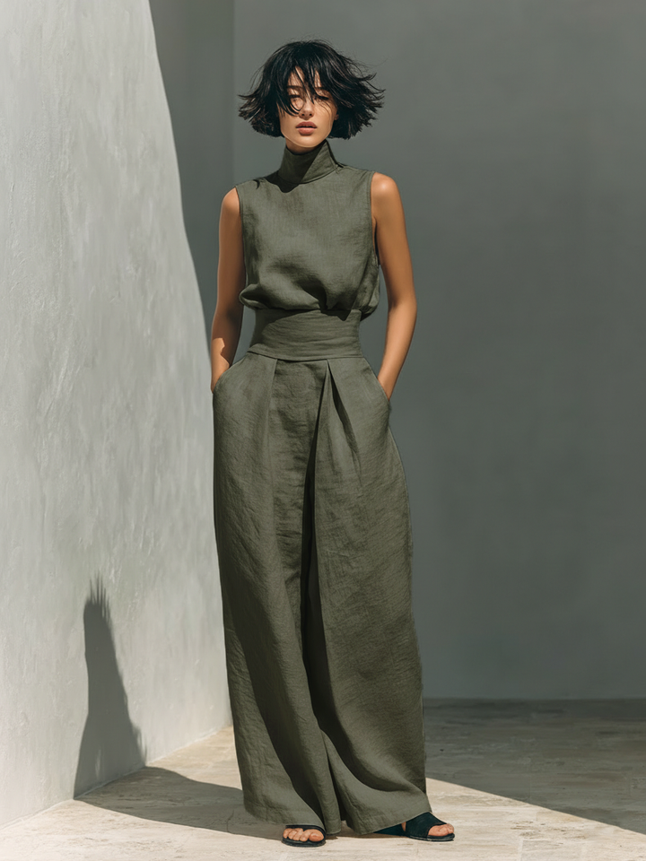 Maria™ | Linen Two-Piece Set with High-Neck Top and Wide-Leg Trousers