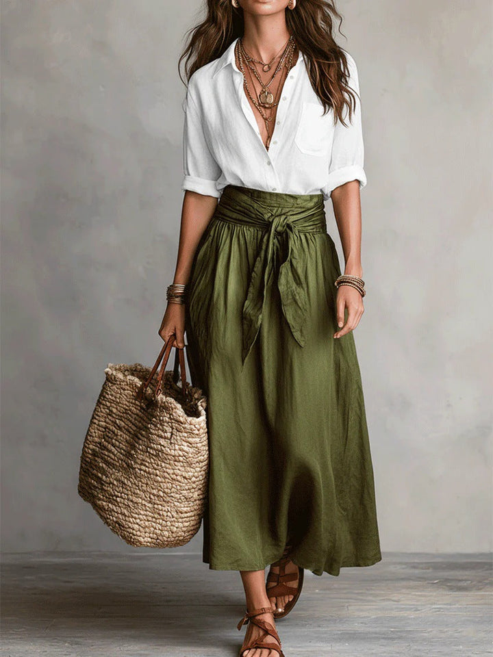River | Two-Piece Set Black Top and Olive Green Midi Skirt
