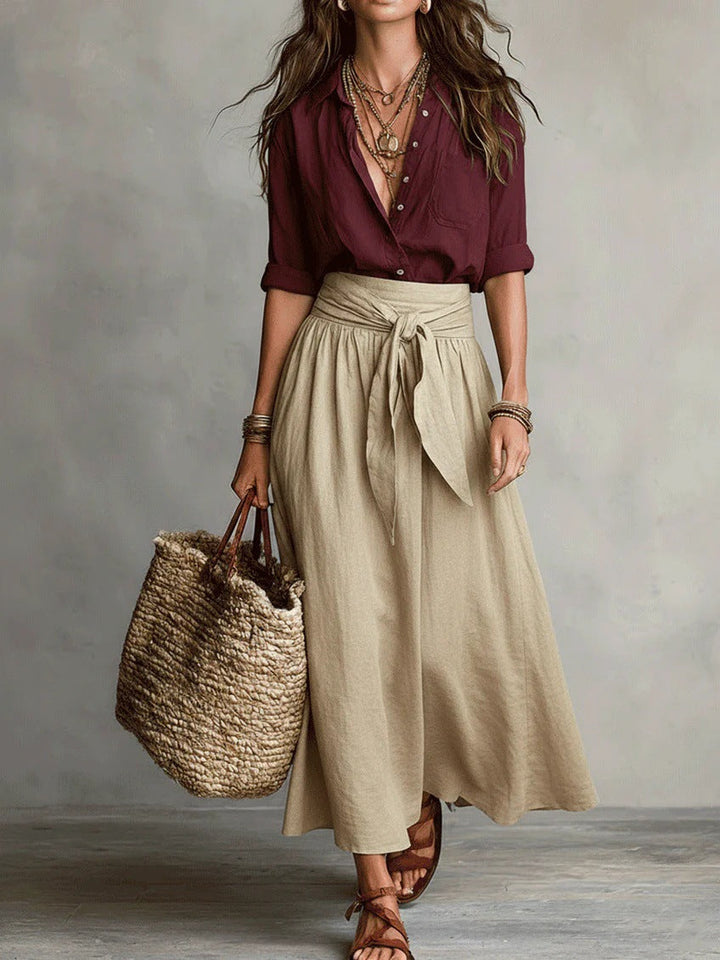 River | Two-Piece Set Black Top and Olive Green Midi Skirt