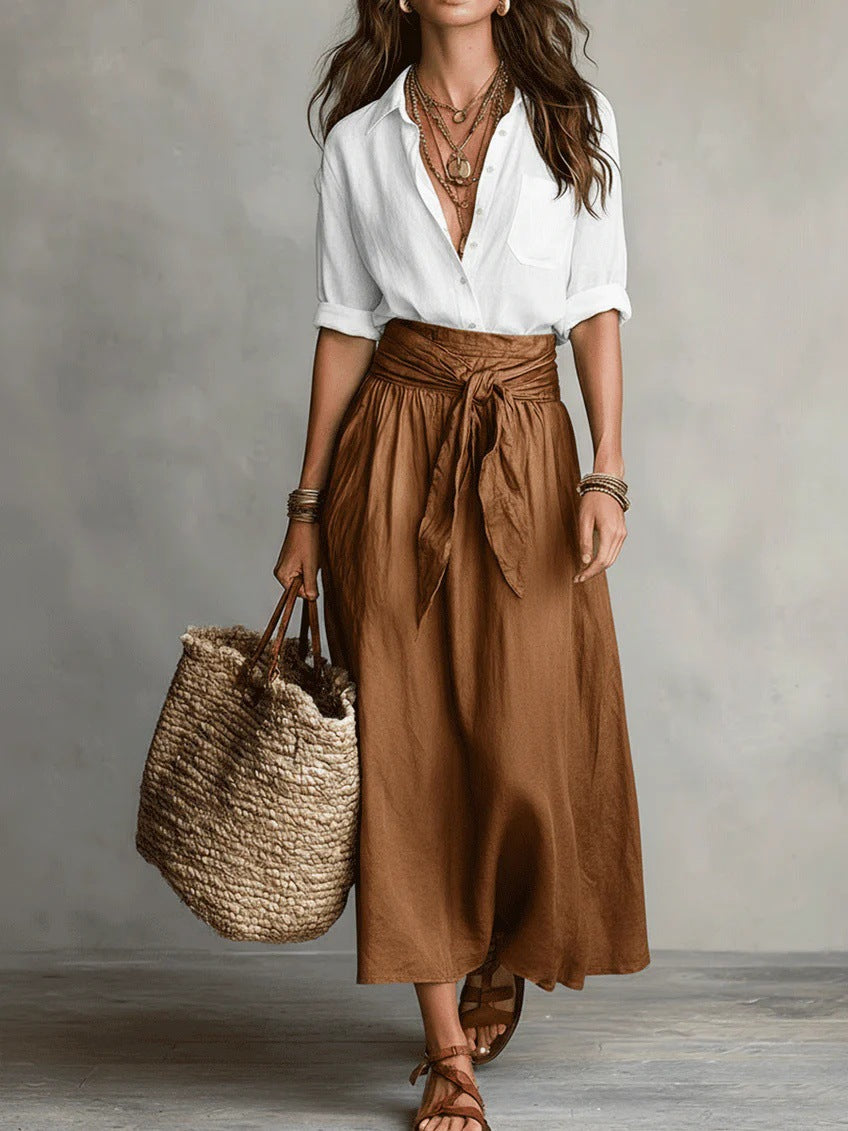 River | Two-Piece Set Black Top and Olive Green Midi Skirt