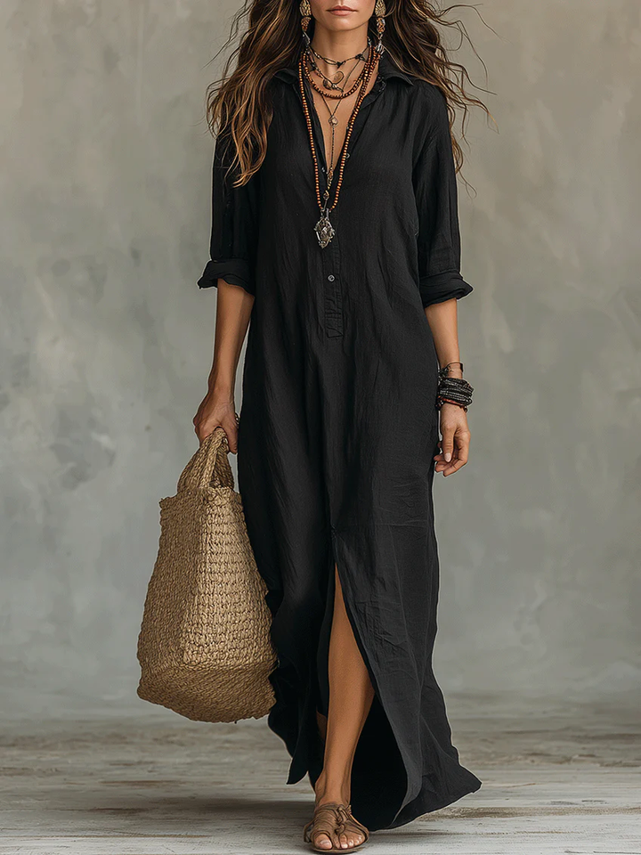 Soline™ | Long Black Maxi Dress with Button Detail