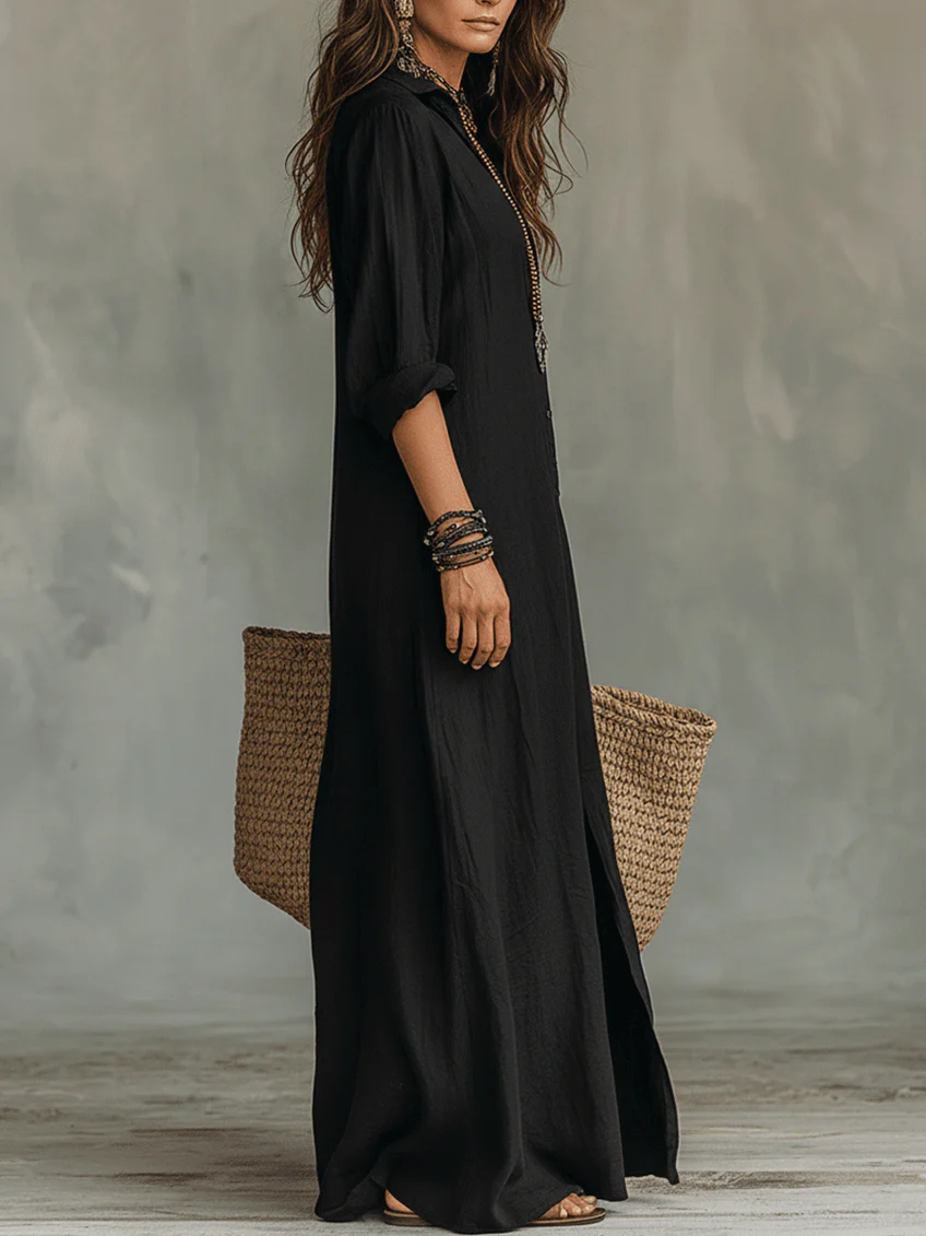 Soline™ | Long Black Maxi Dress with Button Detail