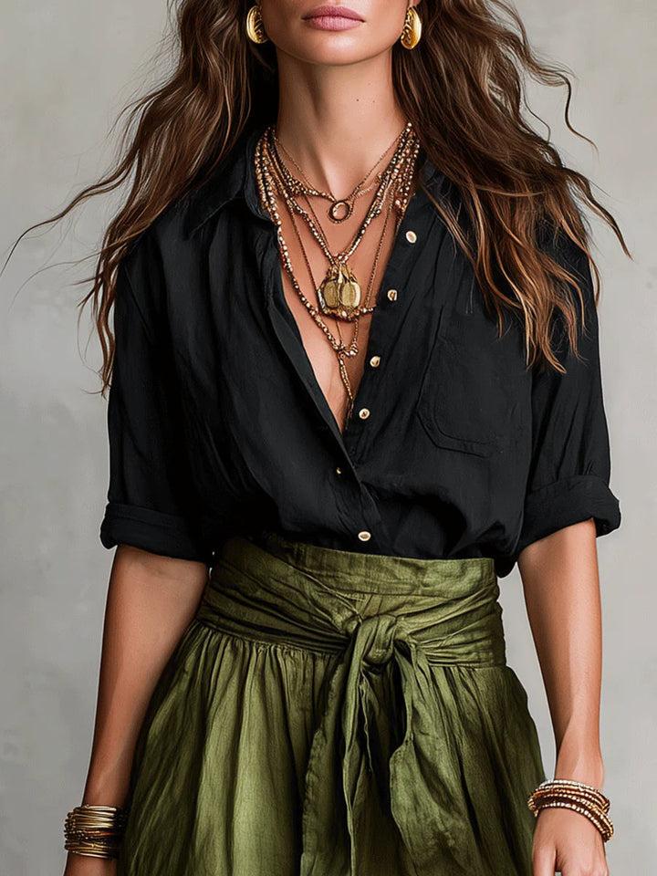 River | Two-Piece Set Black Top and Olive Green Midi Skirt
