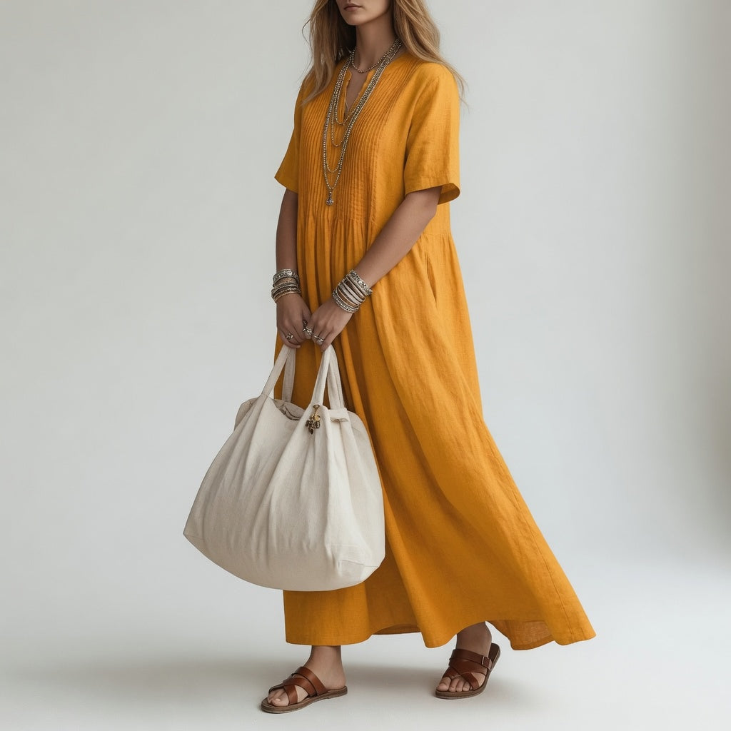 Pélagie™ | Long Cotton V-Neck Summer Freedom Dress
