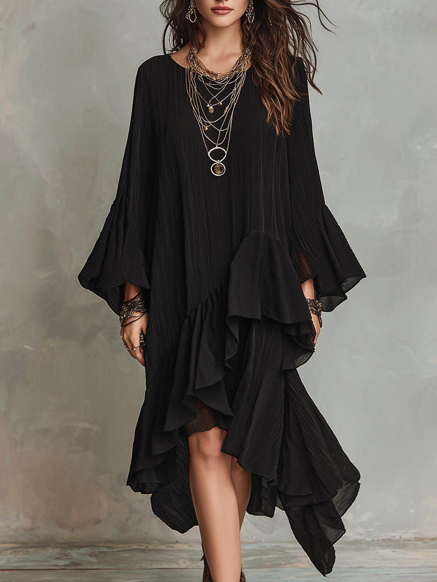 Noir | Asymmetric Ruffle Boho Midi Dress