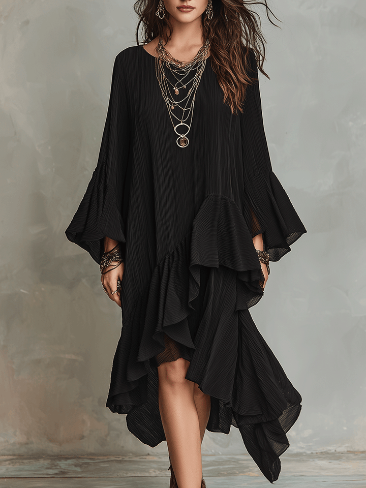 Noir | Asymmetric Ruffle Boho Midi Dress