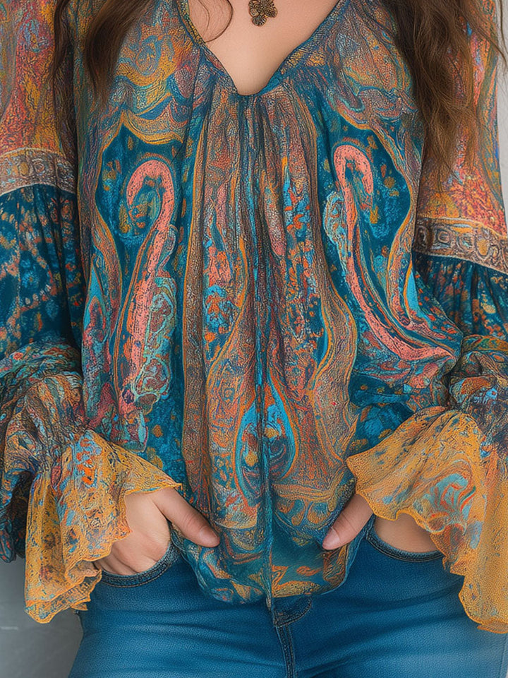 Sara™ | Paisley Chiffon Blouse met Ruches