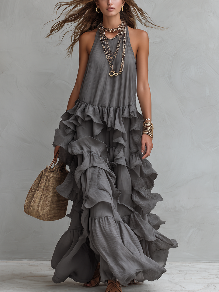 Giselle | Grey Romantic Layered Ruffle Maxi Dress