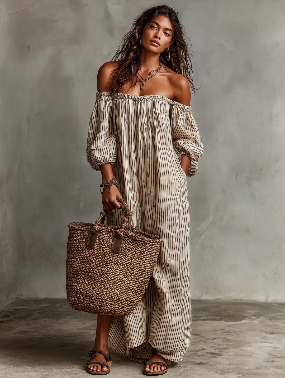 Carmen | Cotton-Linen Maxi Dress with Off-the-Shoulder Design