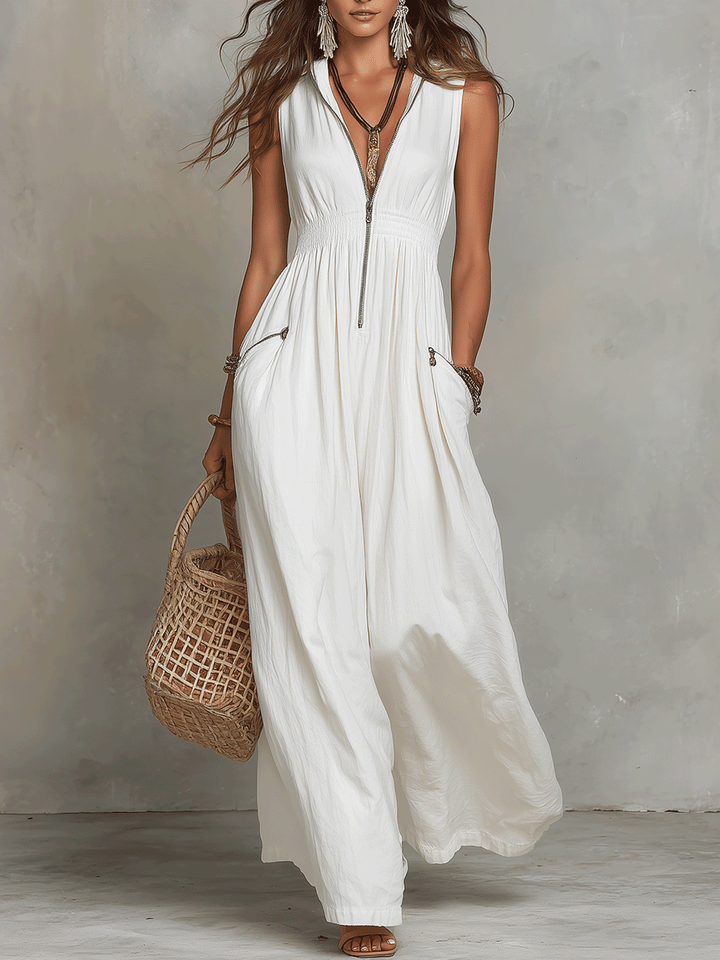 Bianca | White Zip-Front Bohemian Maxi Dress