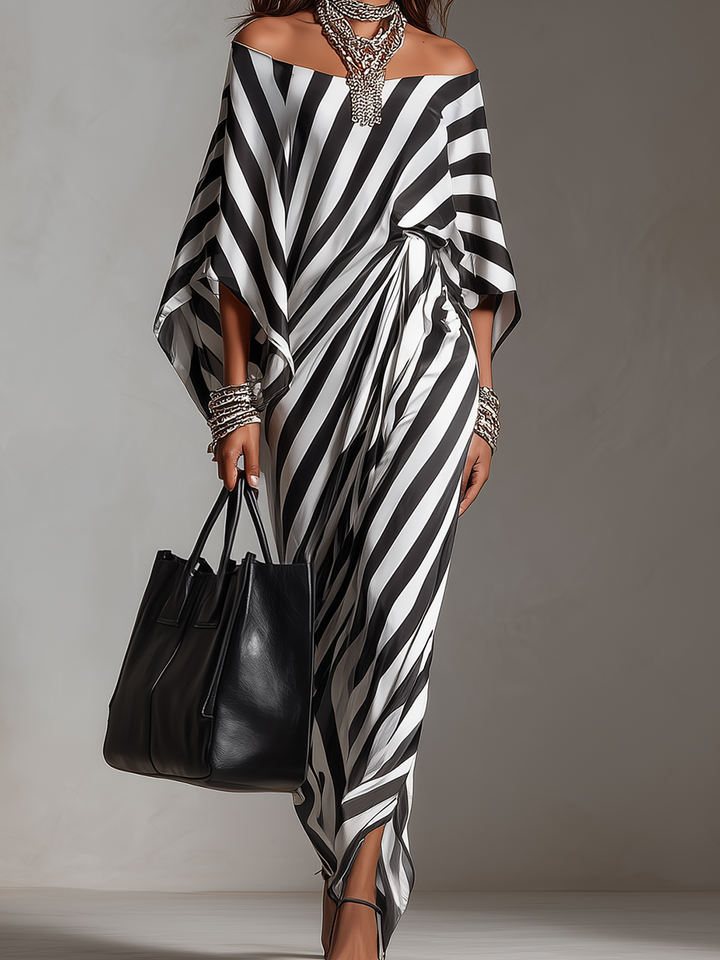 Monroe | Monochrome Stripe Asymmetric Maxi Dress