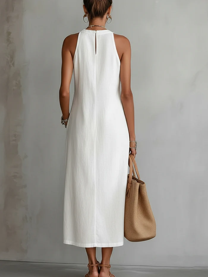 Jimena - Midi Linen Dress with Mao Collar