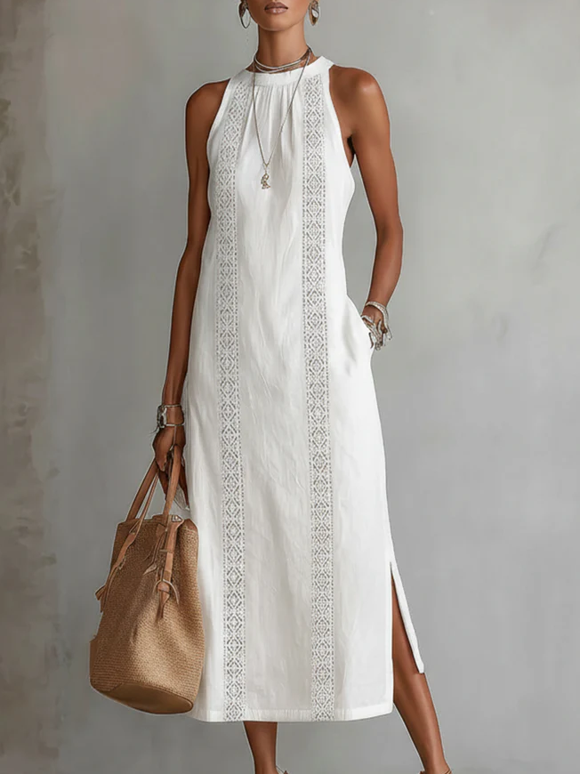 Jimena - Midi Linen Dress with Mao Collar