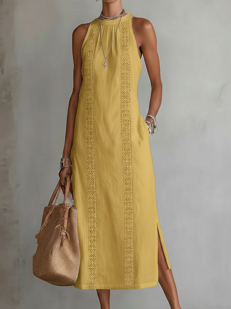 Jimena - Midi Linen Dress with Mao Collar