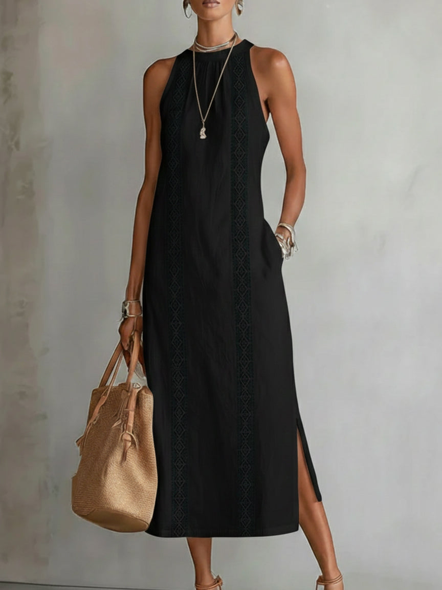 Jimena - Midi Linen Dress with Mao Collar